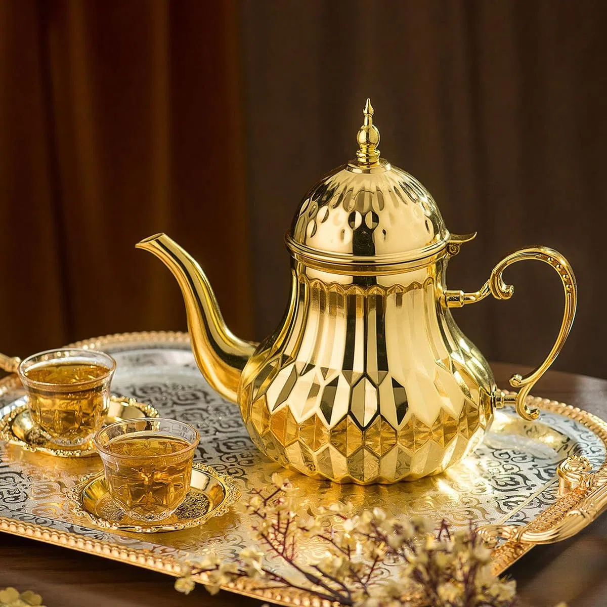 Teiera marocchina 1,4 l, stile arabo, acciaio inossidabile, marocchino, tradizionale, stile religioso Teapot(oro)