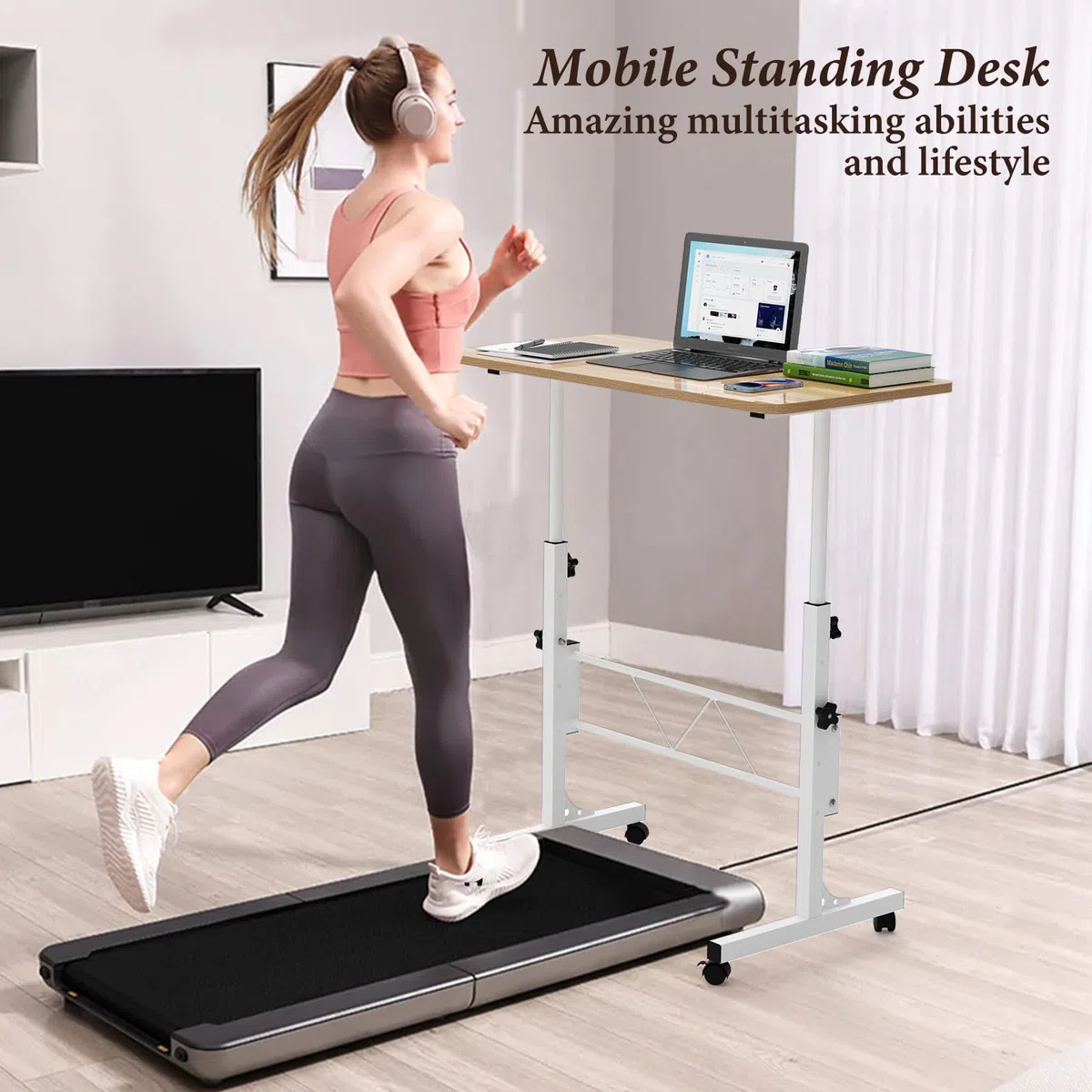 PIPIPOXER 80 x 40 cm, tavolo per computer portatile con ruote, altezza regolabile 69 – 110 cm, tavolo mobile da sopravvento, tavolo girevole a 360, tavolino per divano, legno