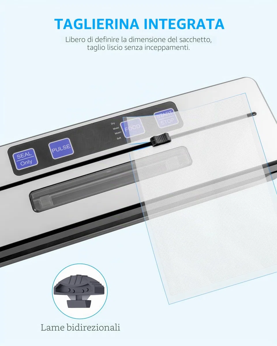 Carehabi Macchina Sottovuoto per Alimenti, Potente Macchina Sottovuoto con 6 Modalità, Sigillatrice Vacumm con Vaschetta Raccogli Gocce Rimovibile, Lama di Taglio e due Fili Riscaldanti