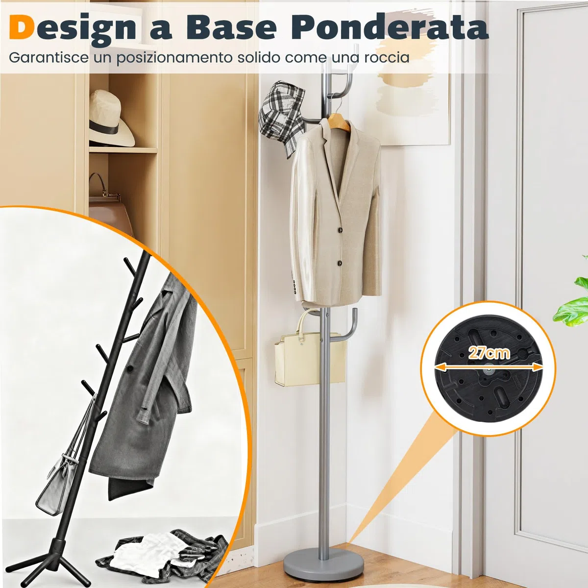 COSTWAY Appendiabiti 175 cm, Attaccapanni da Terra con 8 Ganci, Base Ponderata, Appendiabiti in Metallo Robusto con 2 Opzioni di Altezza per Ingresso Ufficio Camera da Letto