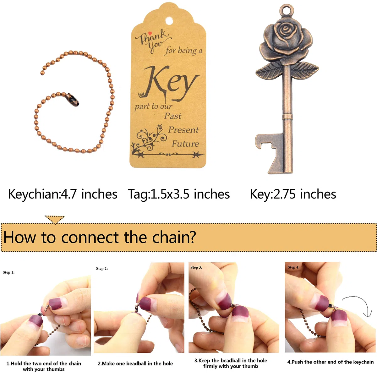 Aokbean 100 Pezzi Chiave Apribottiglie Bomboniera Rosone a Forma di Set per Battesimo/Matrimonio/Festa con Biglietto di Ringraziamento e Catenina (Rame Antico)