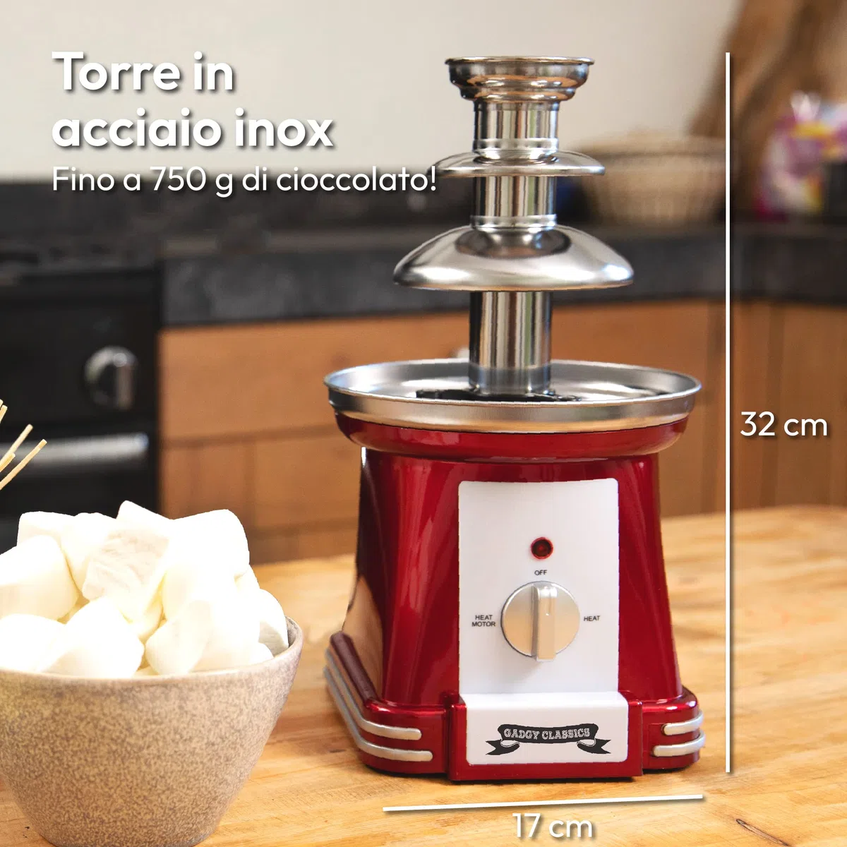 Fontana di Cioccolato Gadgy a 3 Livelli | Fonduta di Cioccolato in Acciaio Inox | Design Retrò Rosso | Capacità 750g | Riscaldamento 90W | Cascata per Feste, Compleanni e Eventi