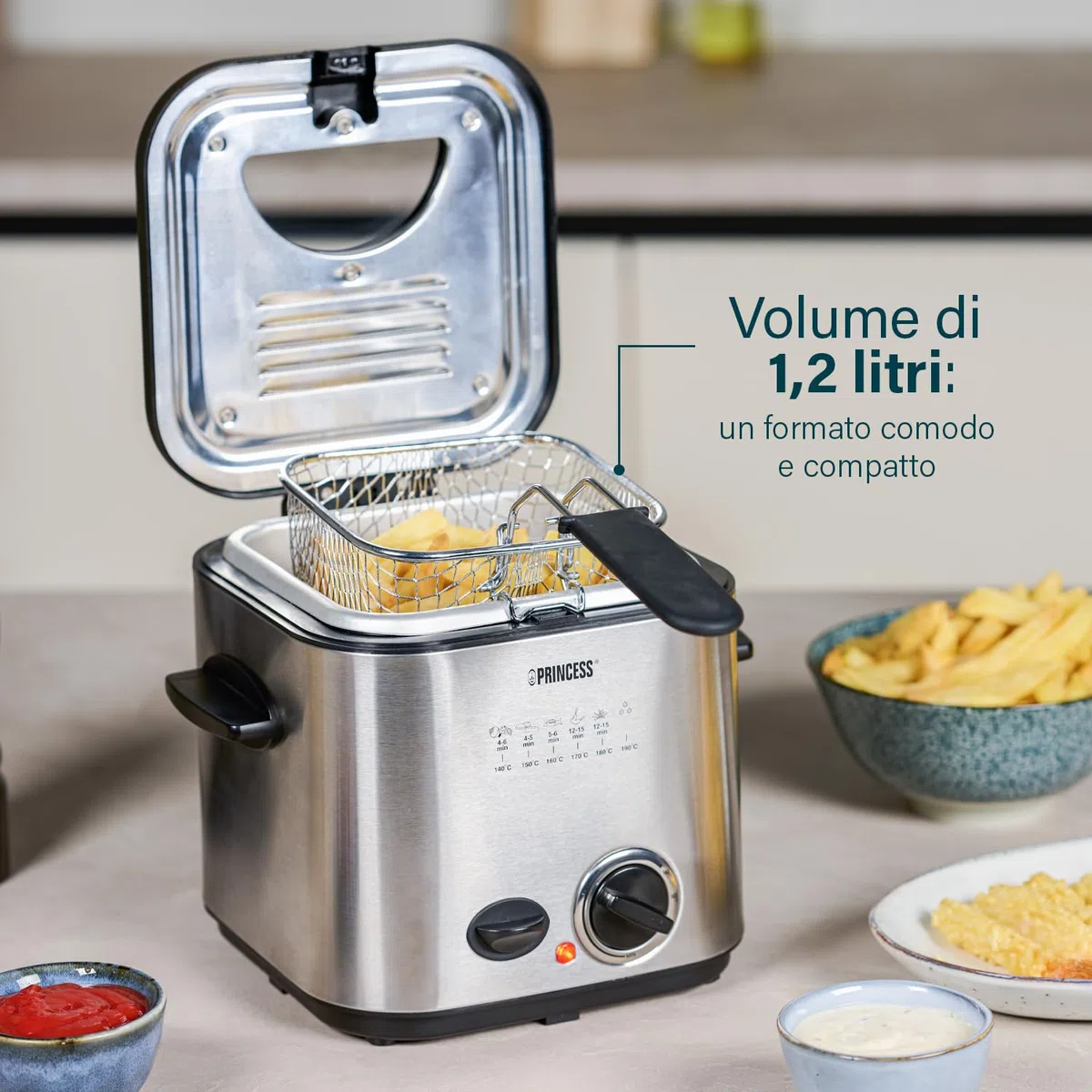 Princess Mini Friggitrice & Fonduta – 1,2 L – Con 6 forchette da fonduta – Riscaldamento rapido – Filtro antiodore – 840 W – 182611