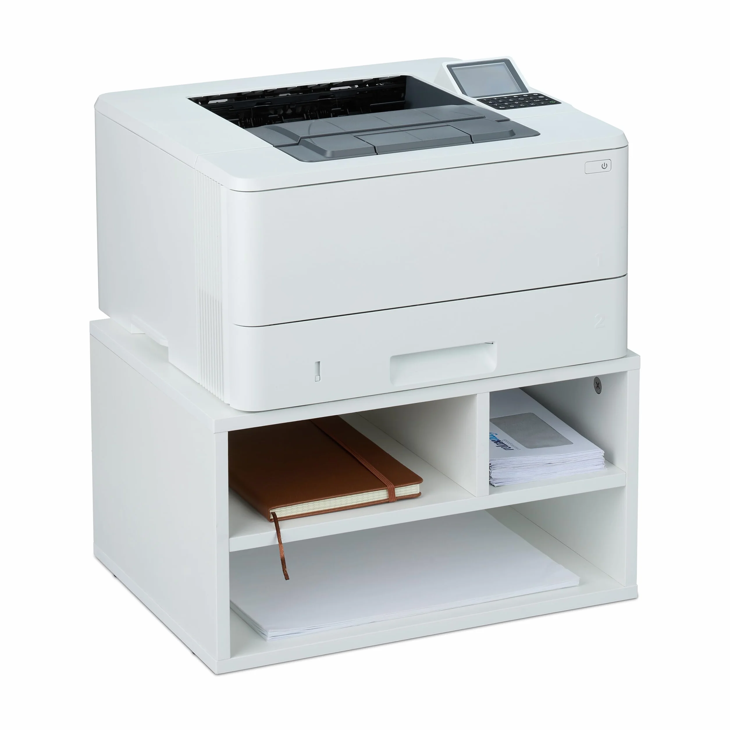 Relaxdays Supporto per Stampante da Scrivania, 3 Scomparti, Portadocumenti, Portacarta, Organizer, 22,5x40x30 cm, Bianco