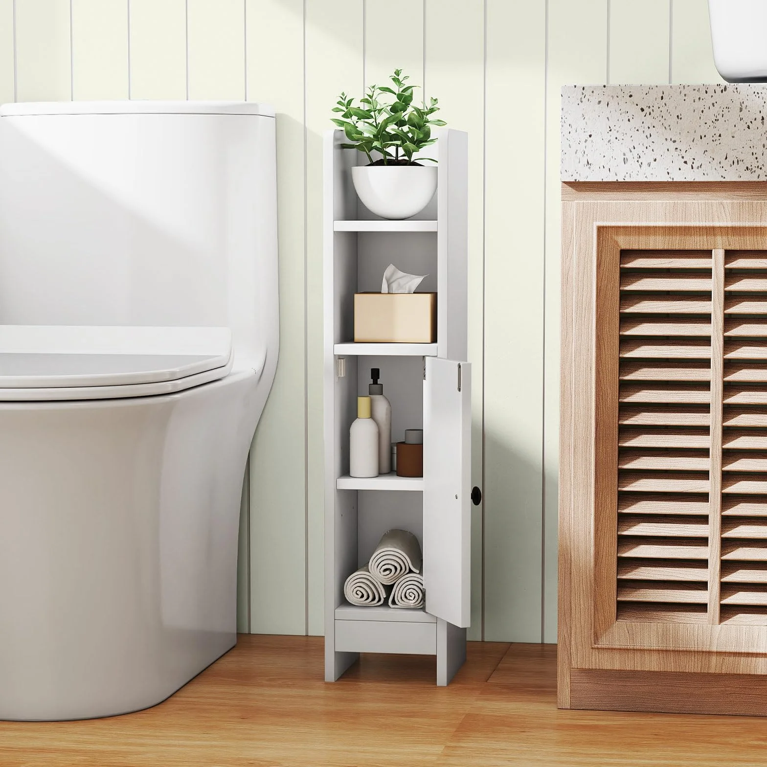 LIFEZEAL Armadietto portaoggetti da bagno stretto, mobile angolare compatto con porta chiusa e ripiani regolabili, mobile portaoggetti per bagno, lavanderia, soggiorno (bianco)