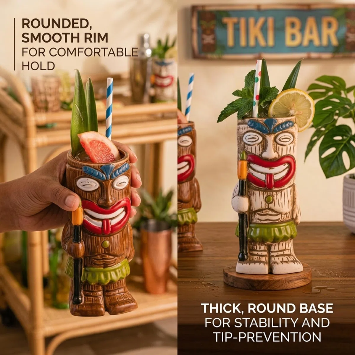 Set da 2 tazze da cocktail Tiki, tazze Tiki in ceramica dal design unico, bicchieri hawaiani per decorazioni per feste tropicali, bicchieri da cocktail per bar di casa, stile 1
