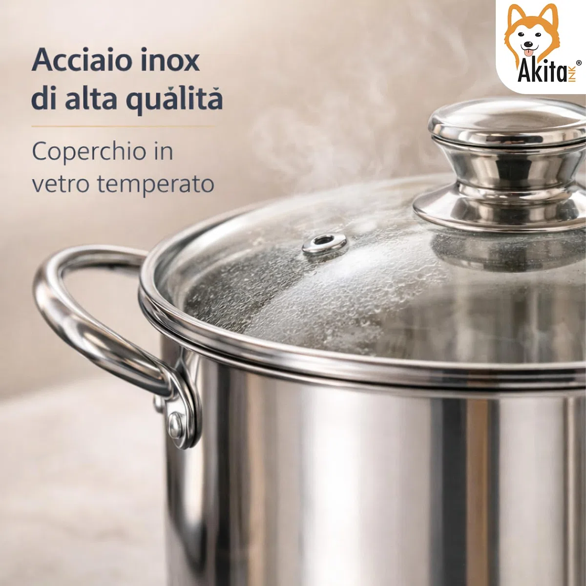AKITAInk Bollipasta 22 cm in Acciaio Inox con Cestello e Coperchio in Vetro Temperato, Pentola per Pasta con Fondo Termodiffusore e Scolapasta Integrato