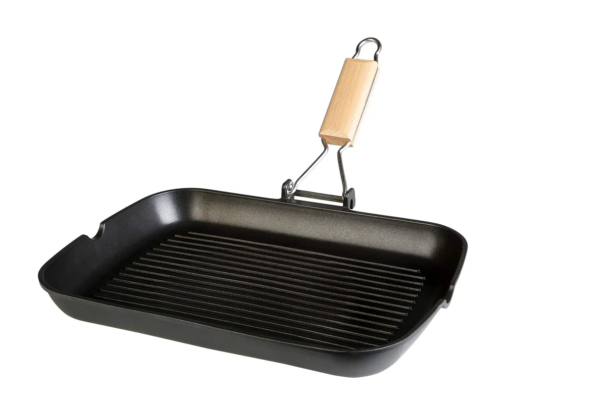 WECOOK! Ecostone Bistecchiera Ondulata, Induzione, 34 x 24 cm, Antiaderente ILAG Ecologico senza PFOA, Alluminio Fuso, 5mm di Spessore, Manico in Legno Pieghevole, Vitroceramica, Gas