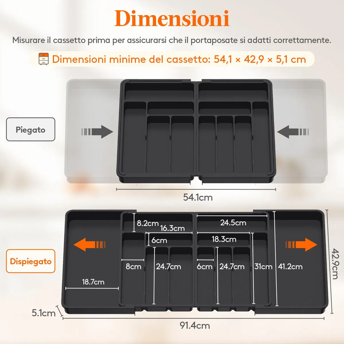 Lifewit Portaposate da Cassetto Grande, Organizer Posate da Cassetto, Espandibile da 54,1 a 91,4 cm di Larghezza, Organizer Cucina in Plastica per Posate, Cucchiai, Forchette, Coltelli, Nero