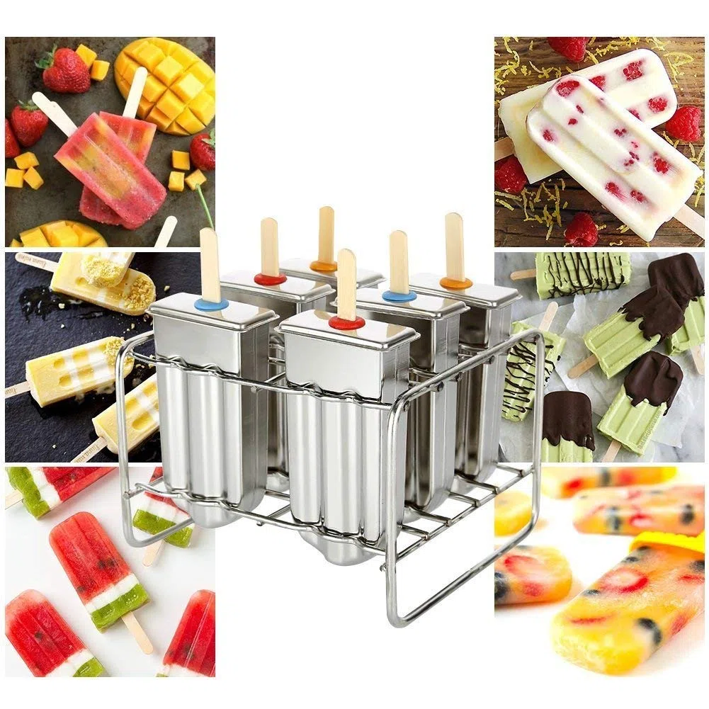 6 Pz Stampi per gelato Stampi per cubetti di ghiaccio e attrezzi per stampi per ghiaccioli con piatto a doppia scanalatura e ripiano in acciaio inossidabile