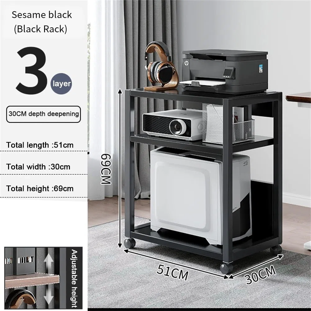 Supporto per Torre a 3 Livelli, Regolabile in Altezza, con Ruote, per PC, in Metallo, per Soggiorno, Camera da Letto, Studio, Ufficio, 51 x 30 x 69 cm, Nero