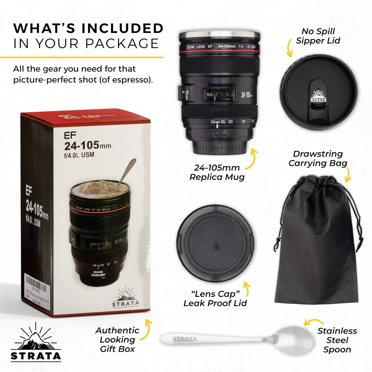 STRATA CUPS Tazza Teleobiettivo da Viaggio 400 ml + 2 COPERCHI + CUCCHIAIO - Mug Termica per Caffè in Acciaio Inossidabile a Forma di Obiettivo di Fotocamera Reflex, Regalo Originale per Fotografo