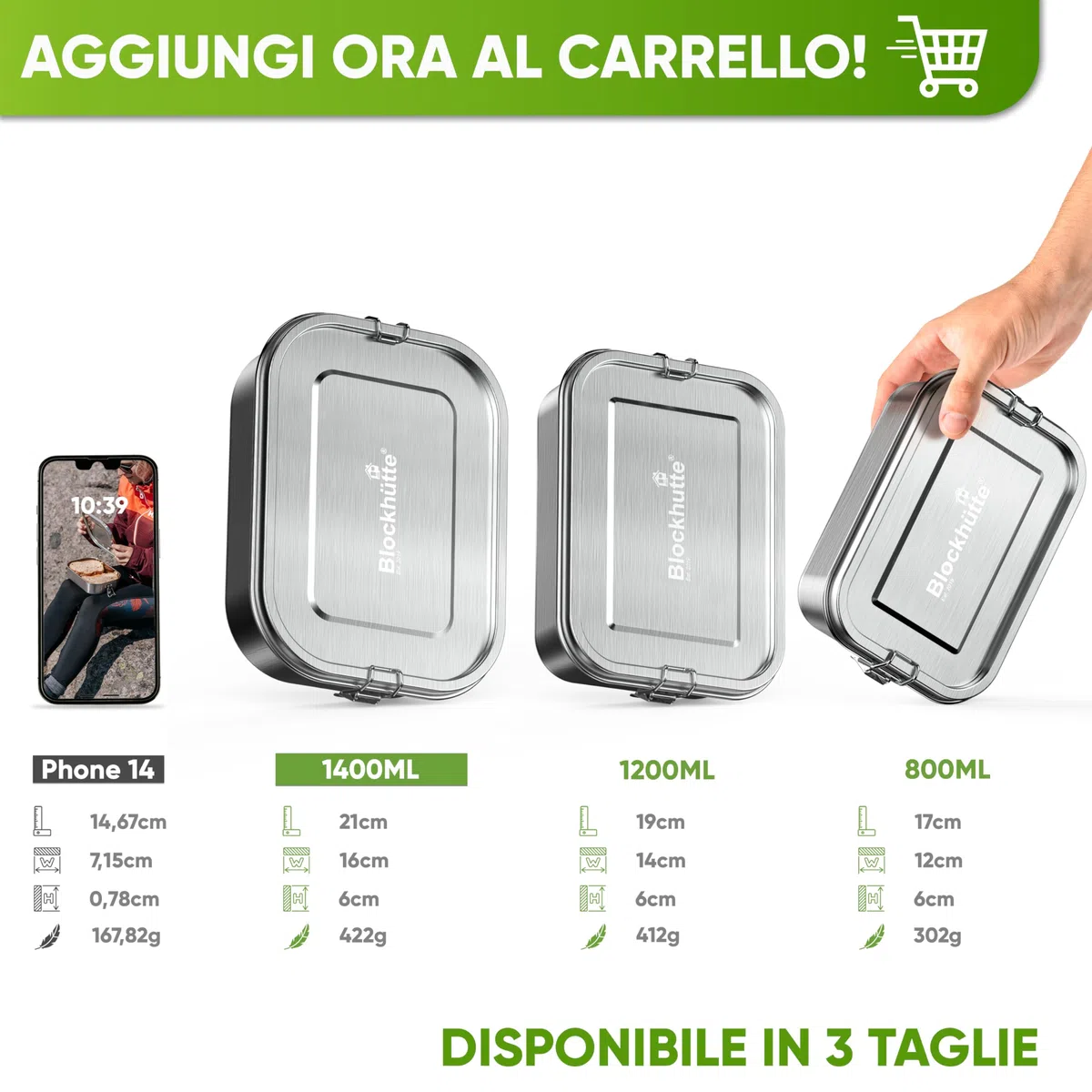 Blockhütte Lunch Box Acciaio Inox con 3 Scomparti Flessibili I 1400ml Contenitore Porta Pranzo acciaio I Bento Box, Portapranzo Ufficio, Schiscetta Pranzo per Adulti, Lunch Box ermetico