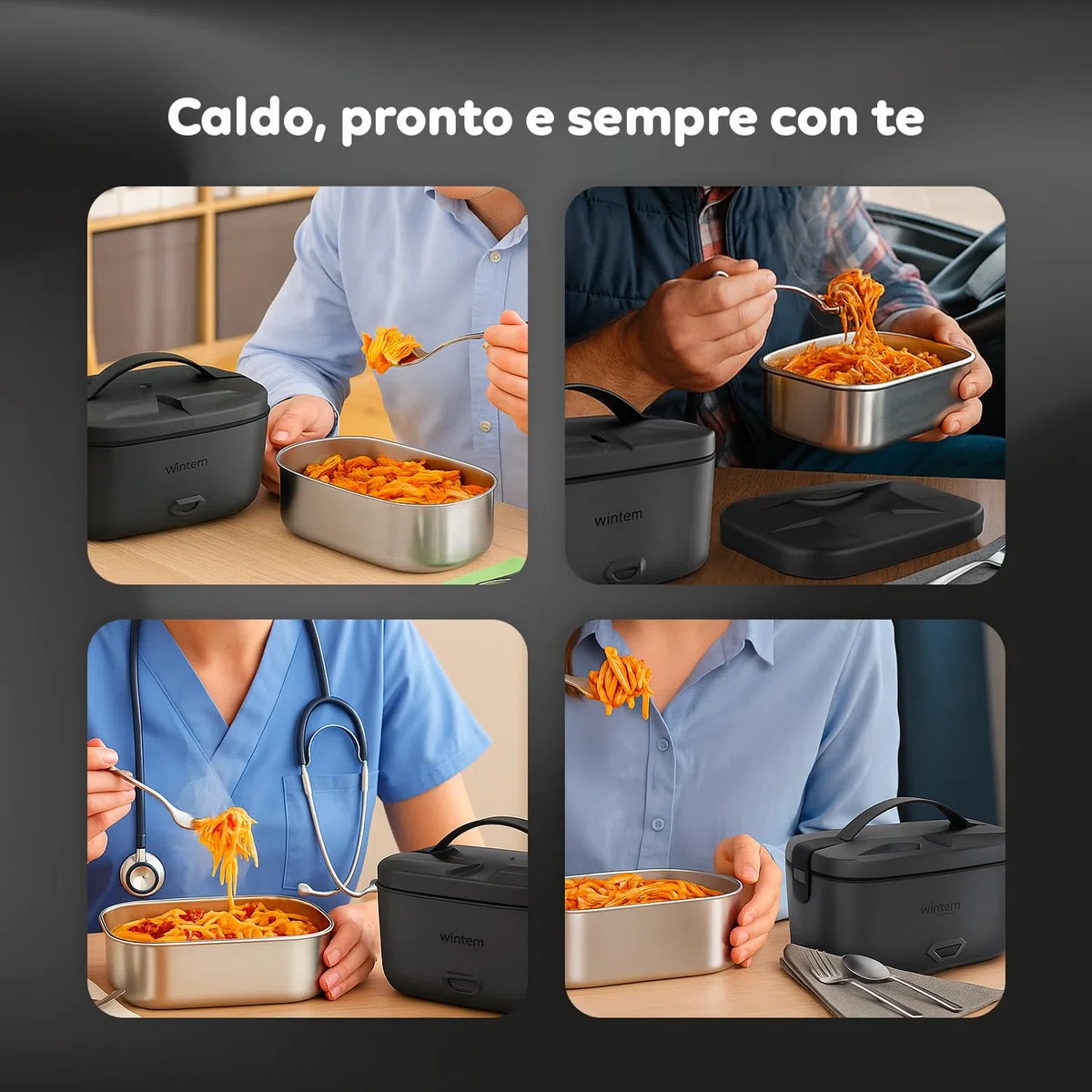 Avilia - Porta Pranzo Lunchy+ 3 in 1 Elettrico in Acciaio Inox con Posate, Scaldavivande da 80W Termico per Casa, Ufficio e Auto, Contenitori Ermetici e Doppia Presa 220V/12V