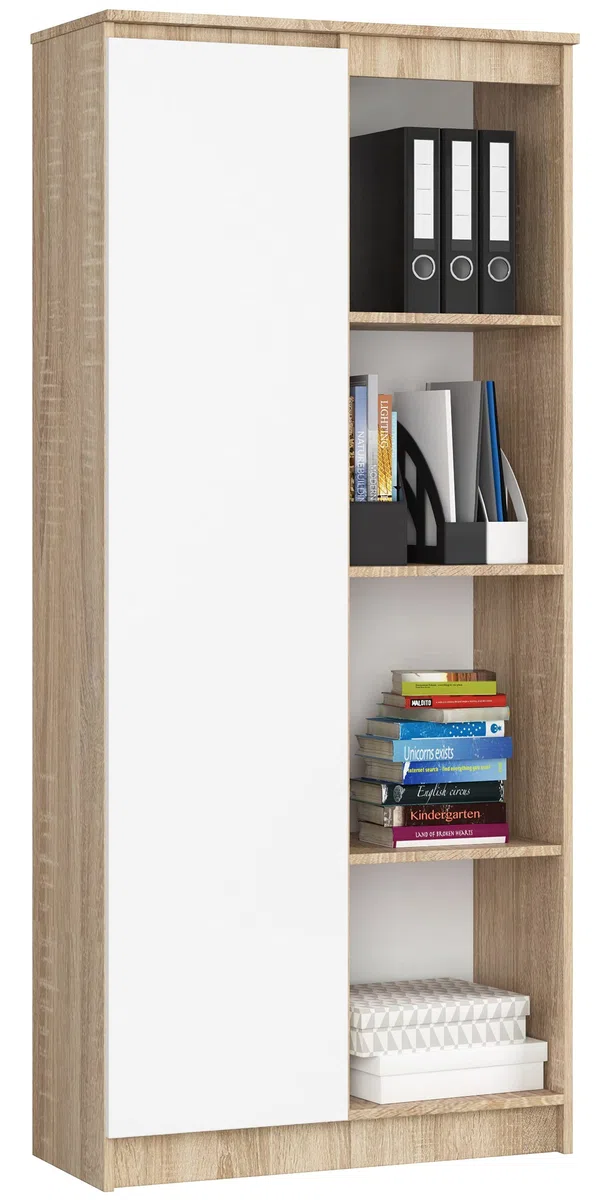 AKORD | Libreria per ufficio CLP 80cm | 4 Ripiani esterni 1 Anta | Scaffale Soggiorno | Porta Libri | Mobile Moderna con Ripiani | Salvaspazio | Librerie da Terra | Sonoma/Wit