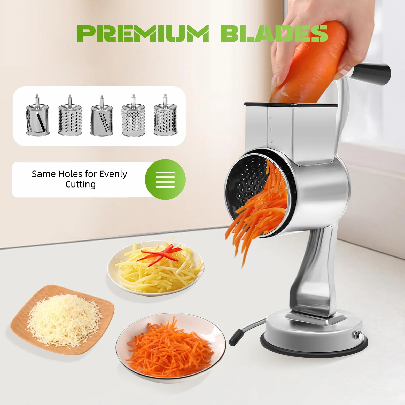 Grattugia rotante, grattugia a mano, 5 lame in acciaio inox, grattugia per formaggio con manovella, in acciaio inox 430, ventosa per frutta, verdura, noci, cioccolato, sicuro e pratico