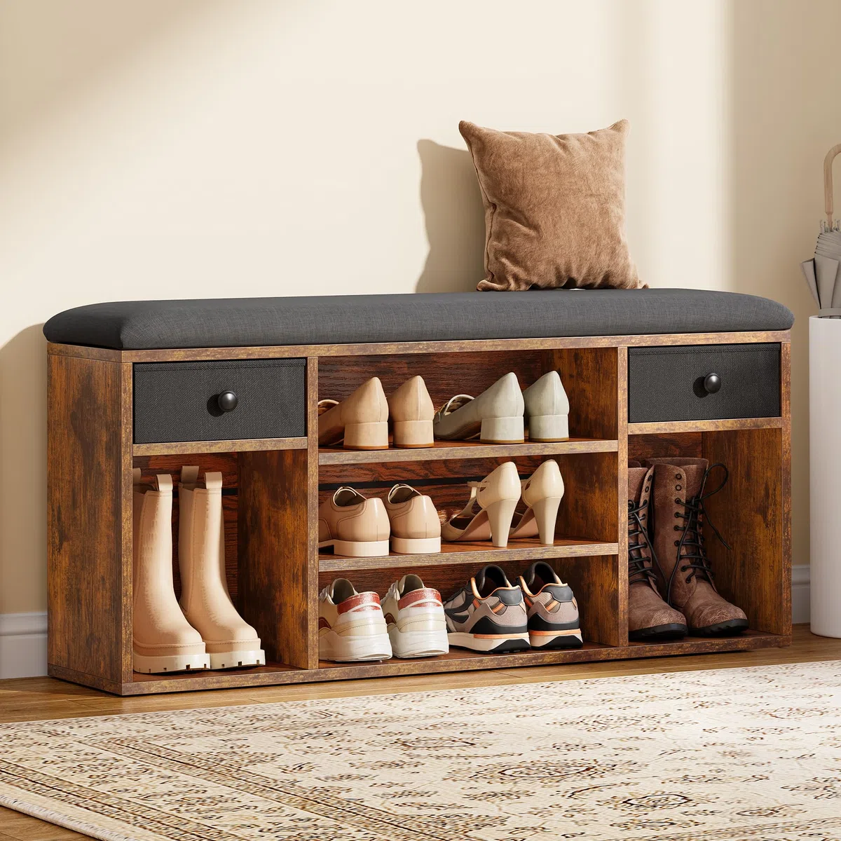 YITAHOME Panca Scarpiera, Scarpiera Ingresso con Sedile Imbottito, Panca Contenitore con 2 Cassetto e Scomparti Aperti, per Ingresso, Soggiorno, Camera da Letto, 30x105x50 cm, Marrone e Nero