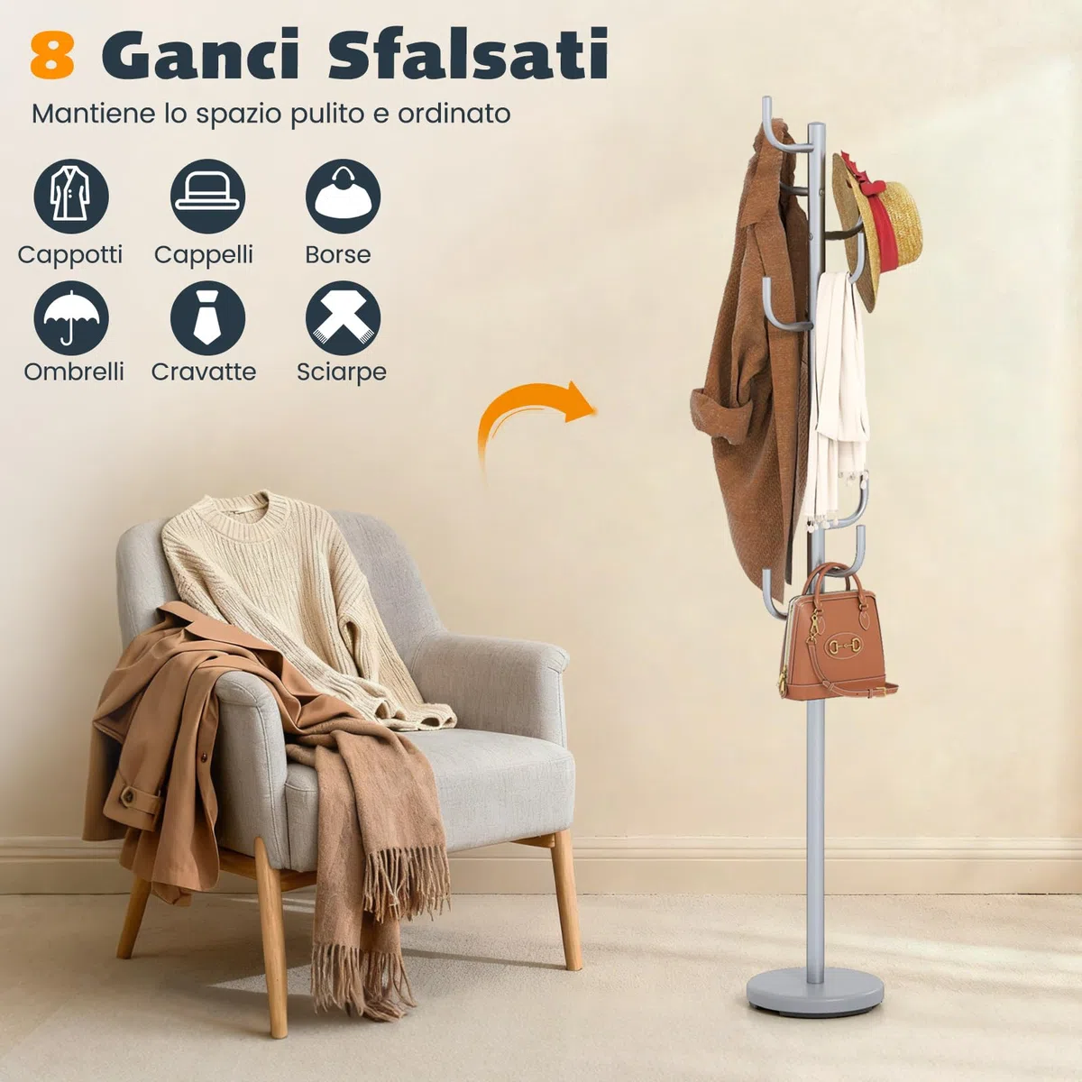 COSTWAY Appendiabiti 175 cm, Attaccapanni da Terra con 8 Ganci, Base Ponderata, Appendiabiti in Metallo Robusto con 2 Opzioni di Altezza per Ingresso Ufficio Camera da Letto