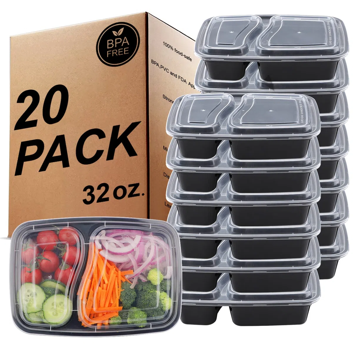 Contenitori per alimenti con 2 scomparti,20 Pack BPA free Contenitori di plastica impilabili, riutilizzabili 32 oz Bento lunch box-Suit per microonde, freezer