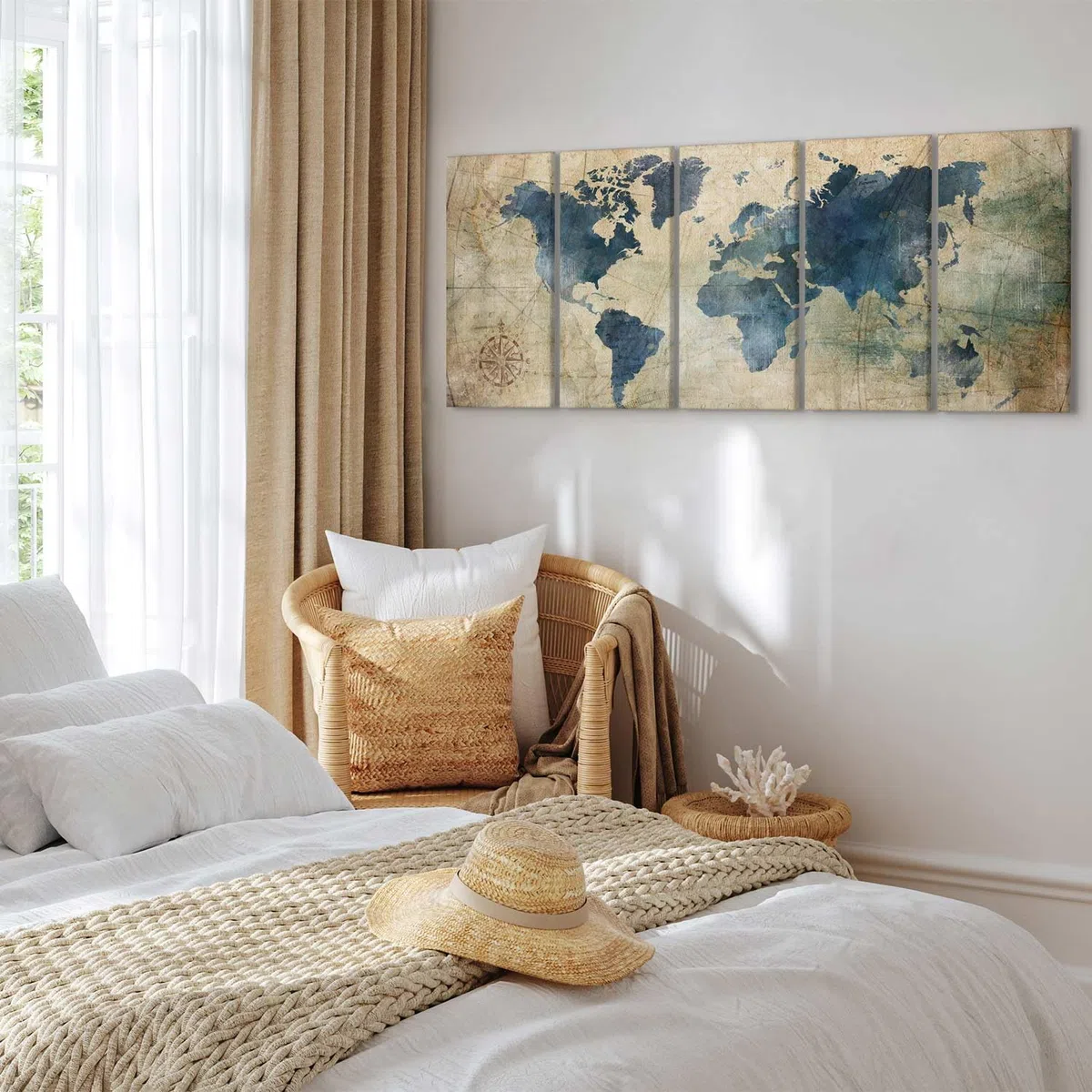 murando - Quadro Mappamondo 150x60 cm 5 pezzi Stampa su tela XXL Immagini Moderni Quadri Murale Fotografia Grafica Soggiorno Decorazione da parete Rosa dei Venti Blu Terra Mondo k-A-0415-b-m