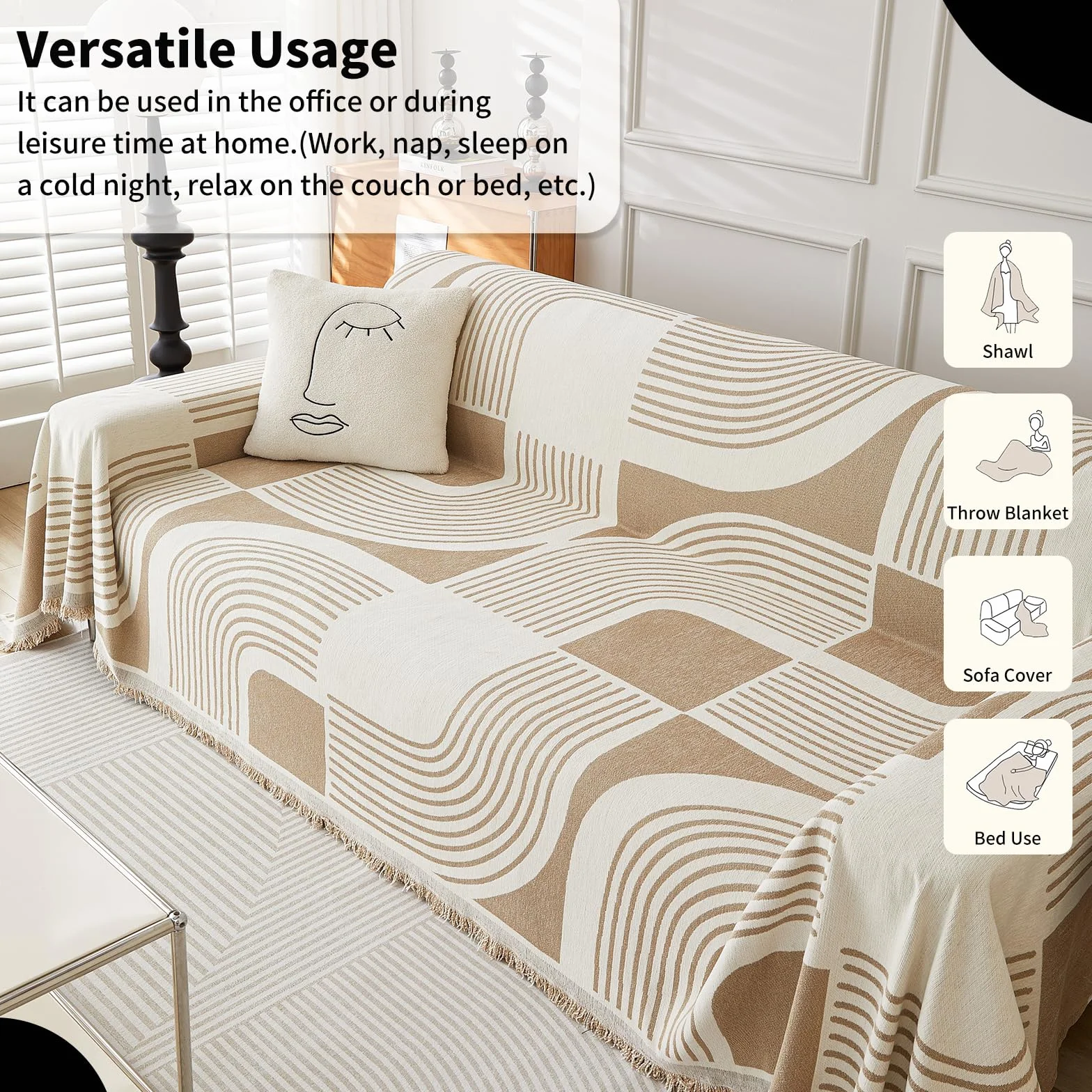 WEYOND Copridivano e Copricouch Boho Lavabile in Chenille per Divano 3 Cuscini, Telo Copridivano Stile Bohemien per Divano Angolare, Divanetto, Divano 2/3/4 Posti e Futon (180 x 300 cm, Kaki)