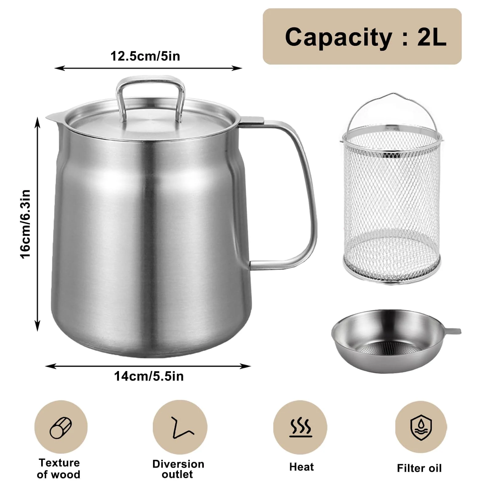 Pentola filtro olio in acciaio inox 304, con cestello e filtro schermo, friggitrice grande capacità da 2 l, per conservare grasso da frittura e cucinare
