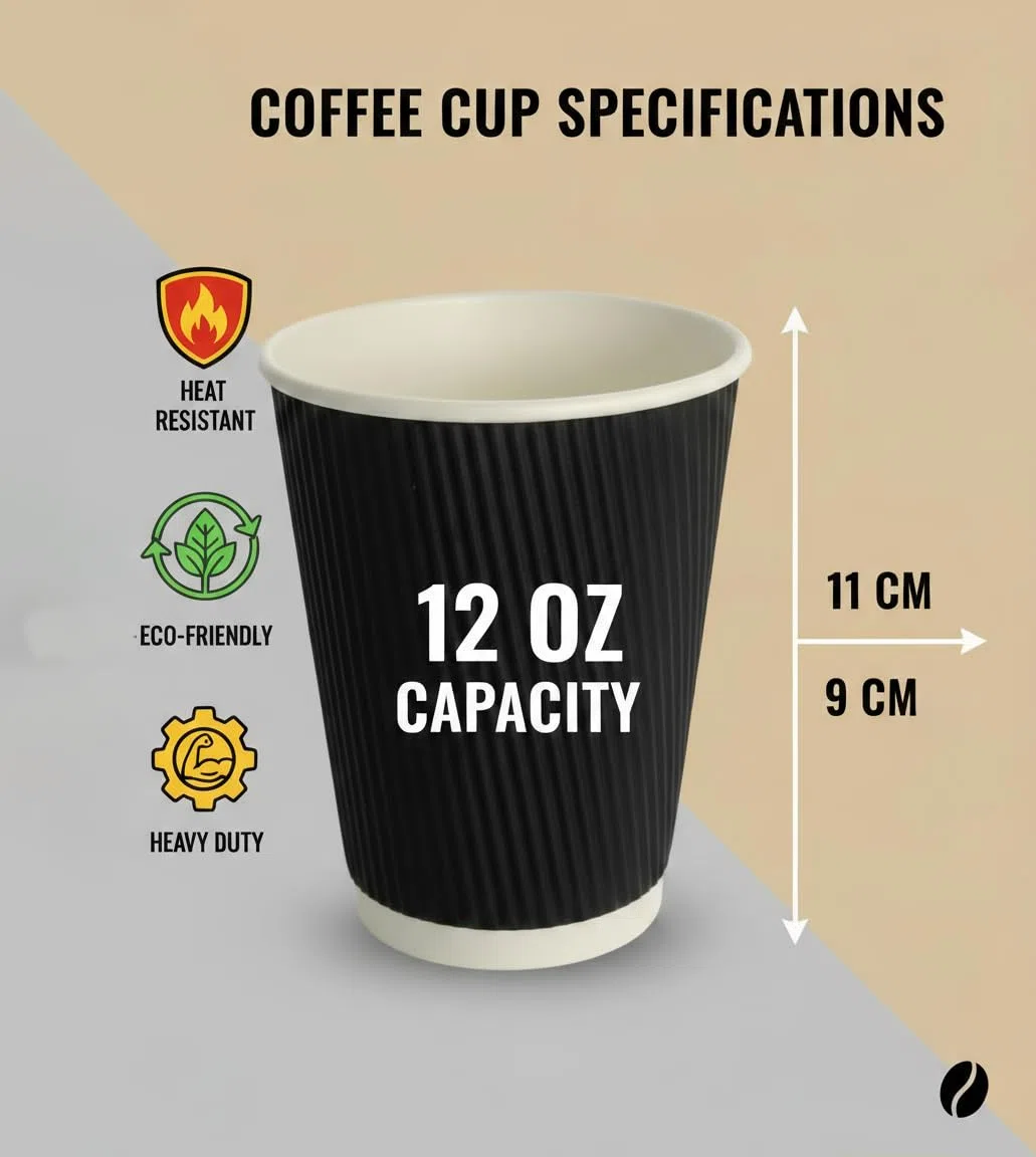 Tazze da caffè usa e getta nere ondulate da 350 ml, isolate, a tripla parete, per bevande calde, da asporto, confezione da 50