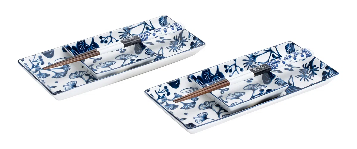Tokyo design studio Flora Japonica - Set per sushi, 6 pezzi, 2 piatti per sushi, 2 ciotole per salsa, 2 paia di bacchette, porcellana asiatica, design giapponese, con confezione regalo