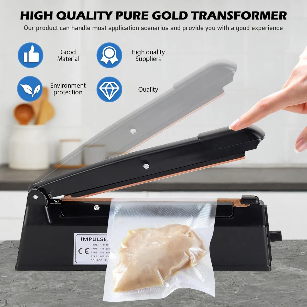 Sigillatrice a caldo, 200 mm, saldatrice a pellicola, sigillatrice per controllo della temperatura, sigillatrice a caldo, 3 mm di larghezza della guarnizione, saldatrice a travi, impulse Heat Bag