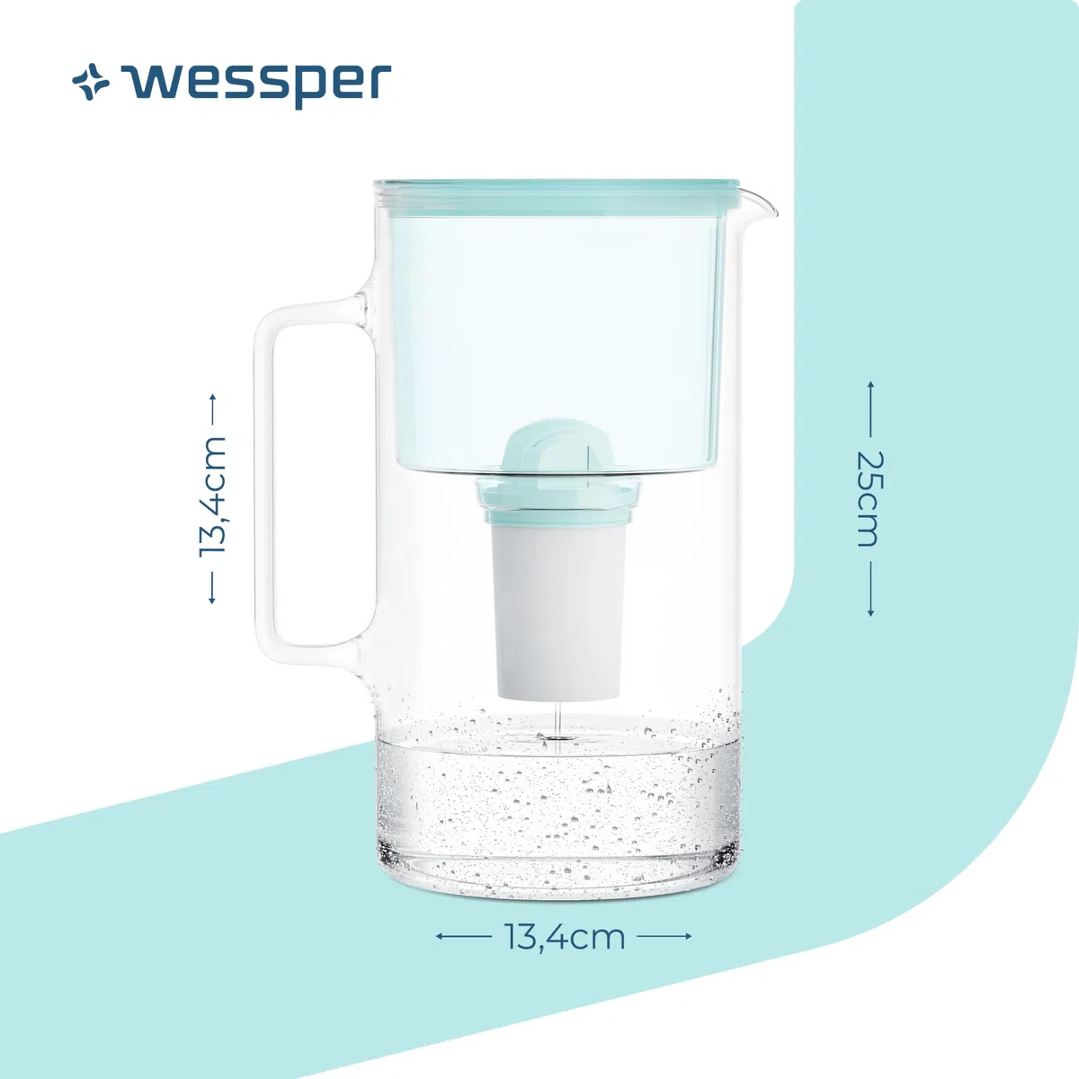 Wessper Caraffa Filtrante 2,5 litri, set di caraffa filtrante vetro con 2 filtri classic, caraffa acqua compatibile con Brita Classic, Dafi Classic – Menta