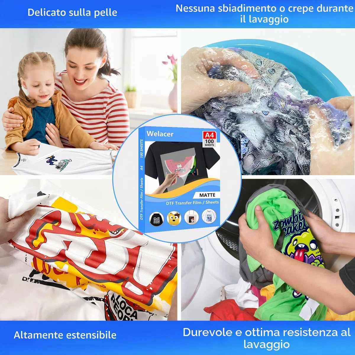 A4 (21cm x 29,7cm) 100 fogli DTF Transfer Film Stampa Diretta per Sublimazione Matt Doppio Lato, Clear DTF PET Transfer Film Fogli di Carta per Stampante Inkjet