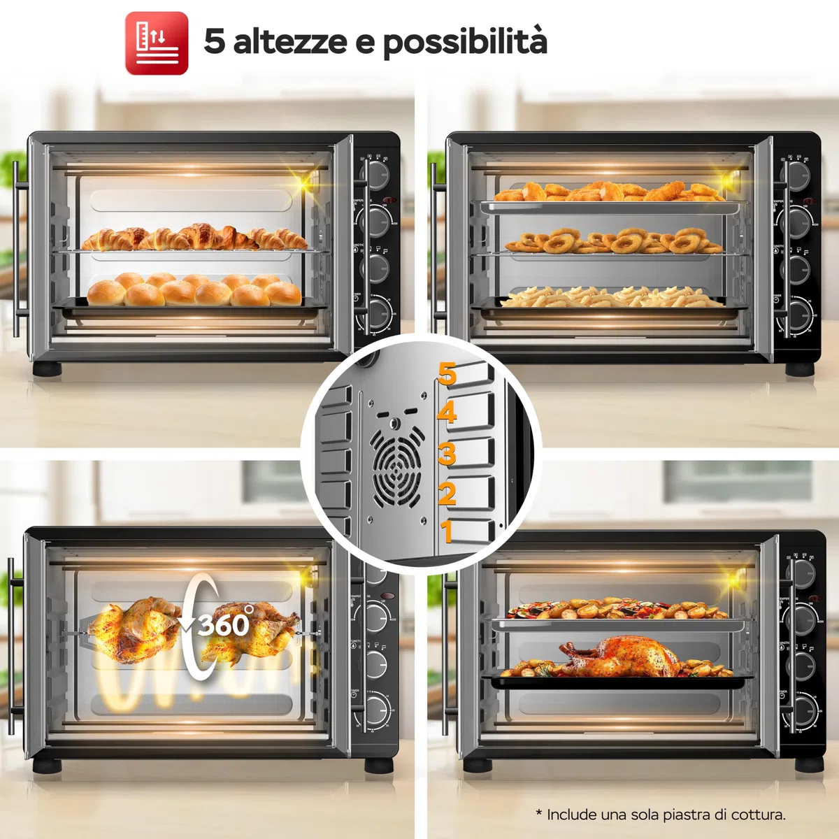 TurboTronic - Mini forno con ventilazione, 45 l, nero, 2000 W, girarrosto, timer, mini forno, pizza, teglia da forno, illuminazione interna
