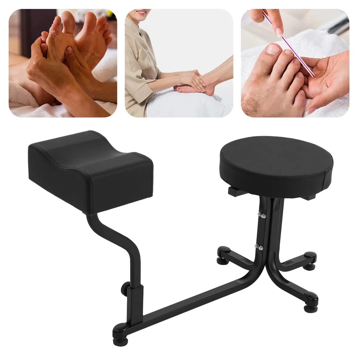 Sgabello per pedicure con poggiapiedi, carico fino a 100 kg, per saloni di unghie e uso domestico, con cuscino in poliuretano e base antiscivolo (nero)