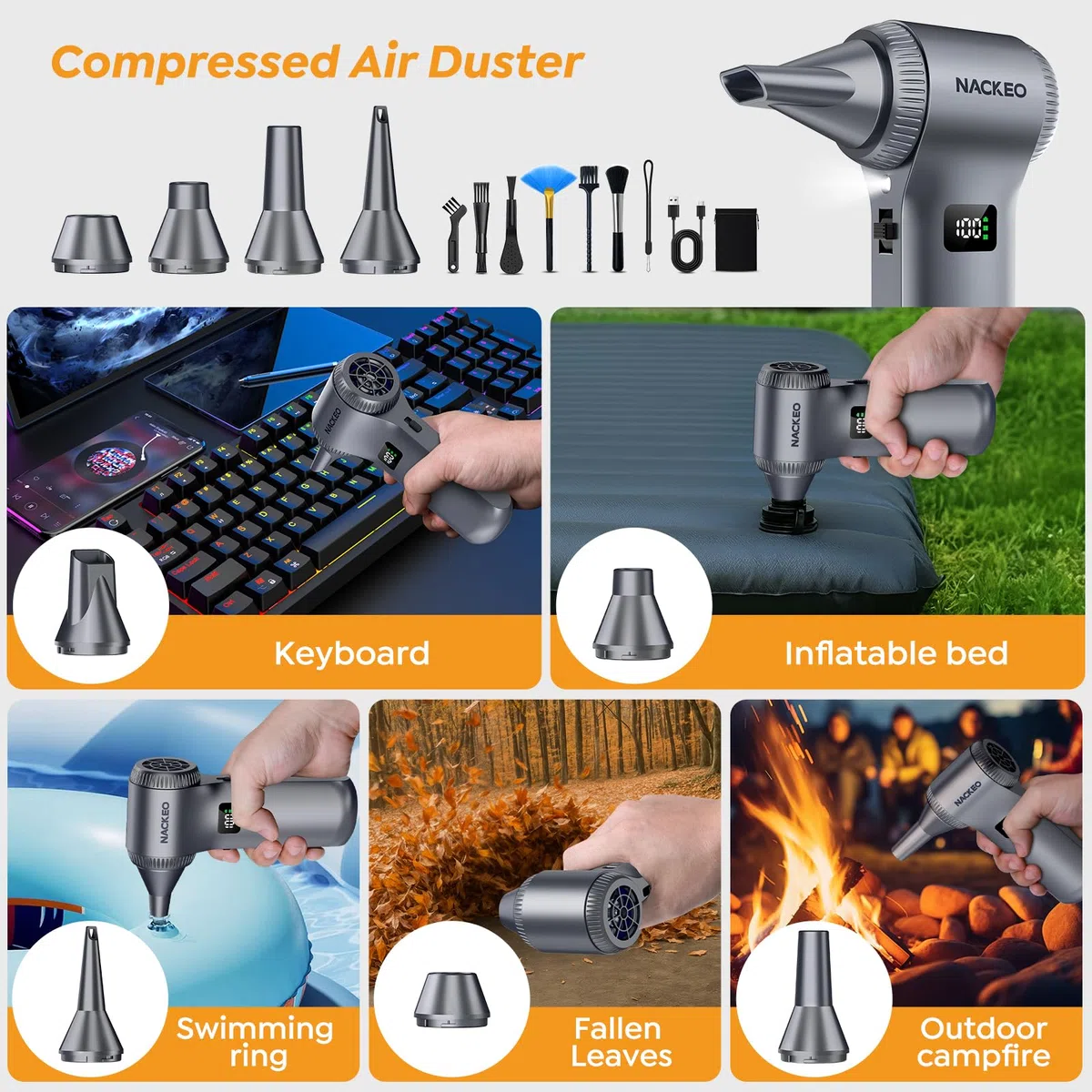 Compressore Aria Portatile, 230.000RPM Soffiatore Aria Compressa, 100 Livelli di Velocità Regolabili, Mini Soffiatore a Batteria con Luce LED e Display,Soffiatore per la Polvere per Casa,Auto,Esterni