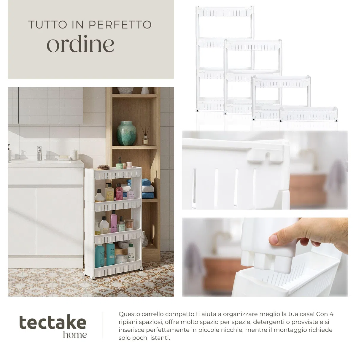 tectake® Carrello da Cucina Slim 54x12x101cm, Mobiletto Salvaspazio Multiuso con 4 Ripiani, Carrello con Ruote, Mobile Cucina Porta Detersivi Salvaspazio, Portaoggetti Bagno, Ripostiglio - Bianco