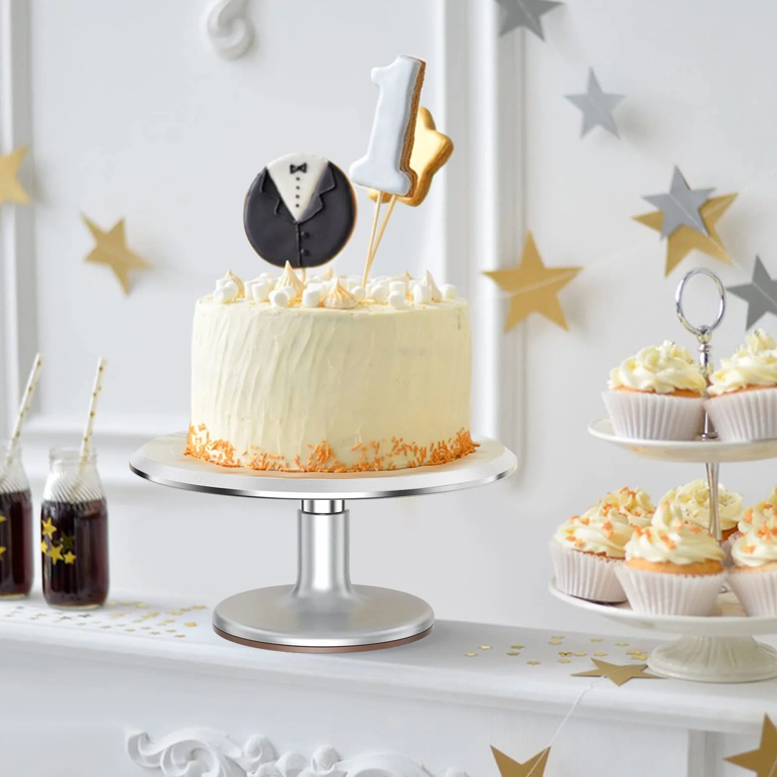 Relota 12'' piatto girevole per torte in Alluminio,kit pasticceria professionale con 2 Spatole per Glassare,3 Spatola Liscia,Supporto Rotante per Torte per Decorazione Pasticceria,Cupcake,argento