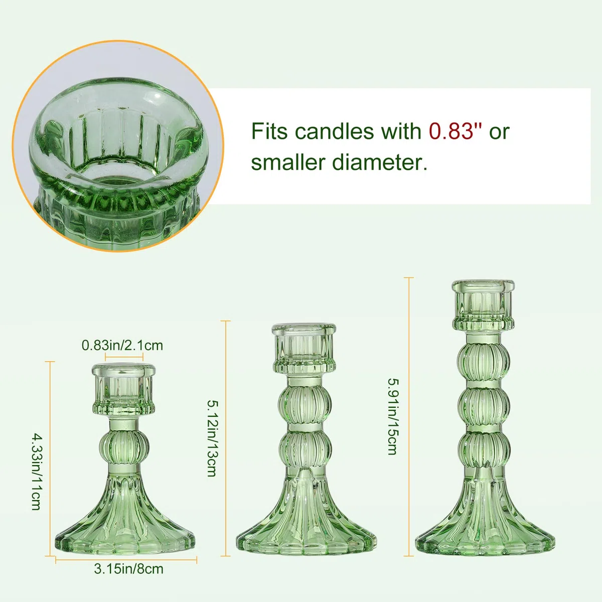 Lewondr Set di Candelabro in Vetro Trasparente, 3 Pezzi Accessori Decorazioni Tavolo Porta Candele, Candelieri con Design a Strisce Verticali per Tavolo, Casa, Matrimoni, Feste, Verde