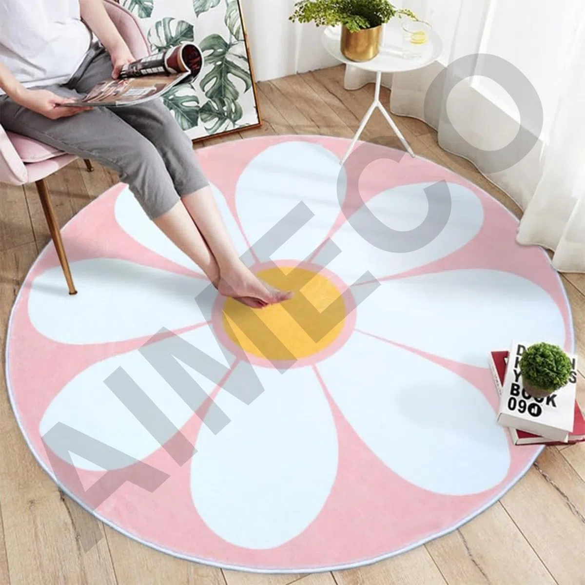 Tappeto rotondo per bambini, 120 cm, morbido, per soggiorno, camera da letto, cameretta dei bambini, sottile, facile da pulire, motivo: margherite