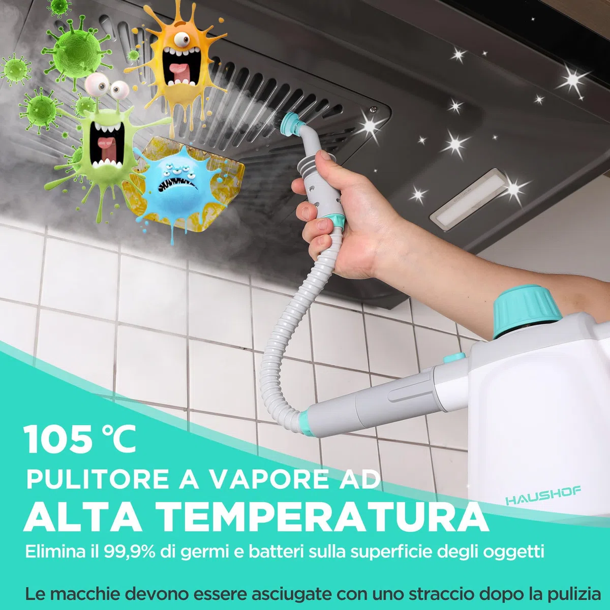 HAUSHOF Pulitore a Vapore Portatile, Serbatoio dell'acqua da 450 ml con 8 Accessori per la Rimozione delle Macchie, Pulitore a Vapore Manuale Portatile per Divano, Cucina, Pavimento, Bagno, Auto