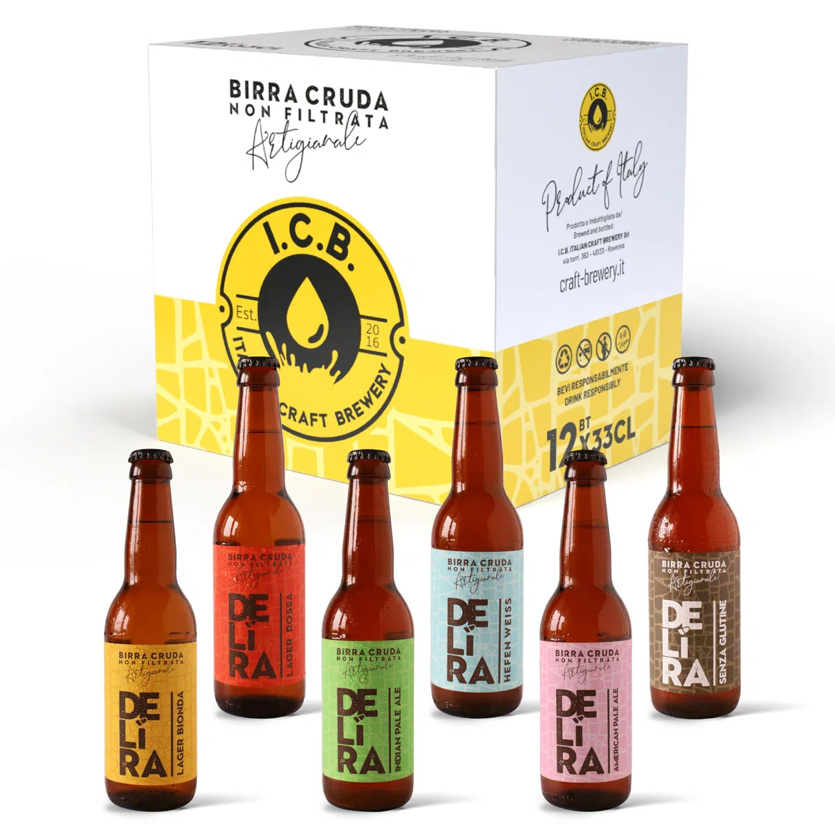 Delíra – 12 Birre Artigianali Italiana Cruda Non Filtrata | Set Degustazione Da 33 cl, Idea Regalo Particolare. Selezione: Bionda, Rossa, IPA, Weiss, APA. Salvo disponibilità di assortimento.
