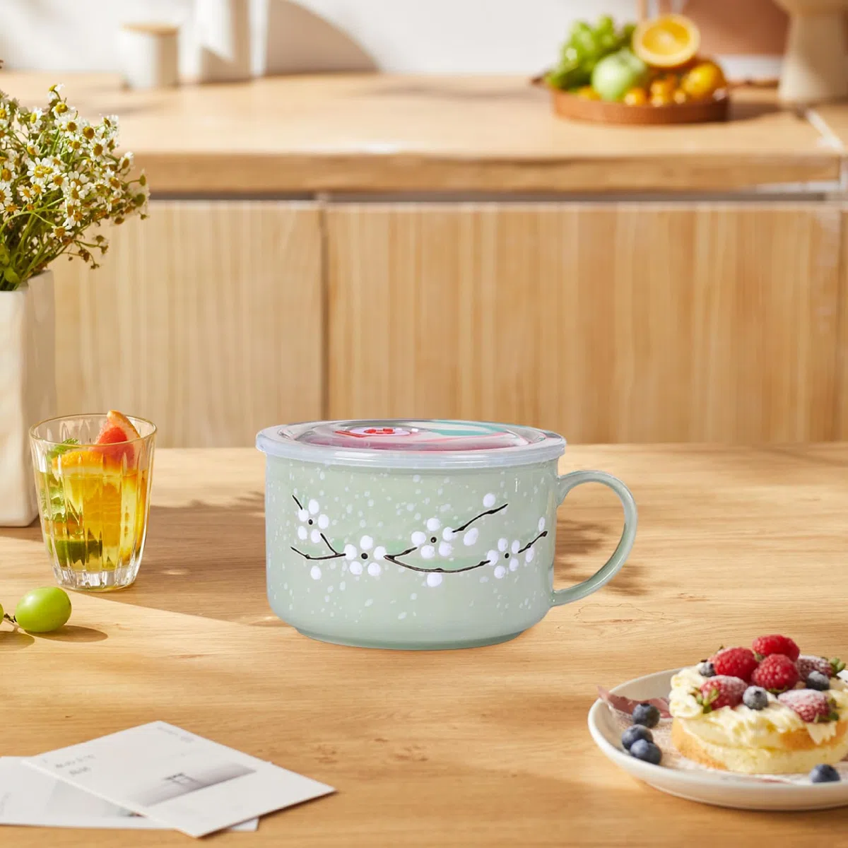 2 ciotole per zuppa con manici 800 ml/28 oz sigillatura tazza da zuppa resistente al calore per microonde con coperchio tazza da viaggio in ceramica floreale Wintersweet per porridge di ramen, ciotol