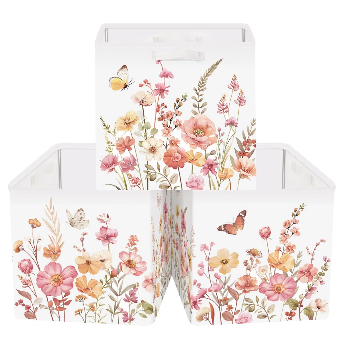 30cm Set di 3 Scatole Portaoggetti Fiore Selvatico Contenitore Porta Giochi per Bambini Pieghevole Farfalla Giardino Cubi Portaoggetti per Libreria Kallax Scuola Materna,Piante Selvatiche