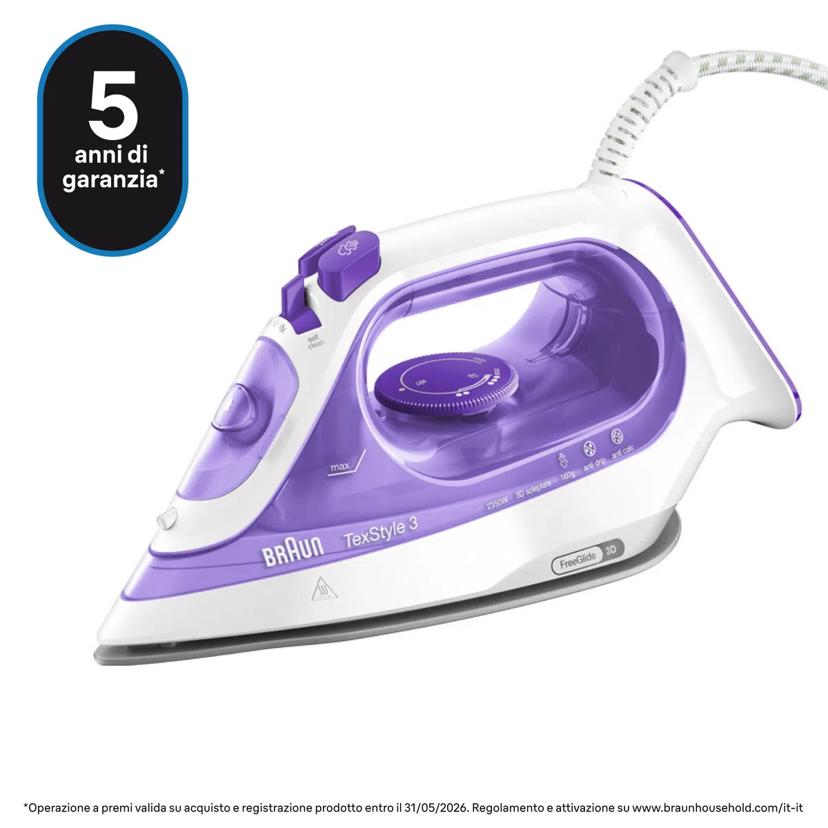 Braun TexStyle3 SI3042VI Ferro da Stiro a Vapore, 5 Anni di Assistenza, Piastra in SuperCeramic, Riscaldamento rapido, Stiratura Verticale, Punta di Precisione, Getto di Vapore 160g/min, Viola