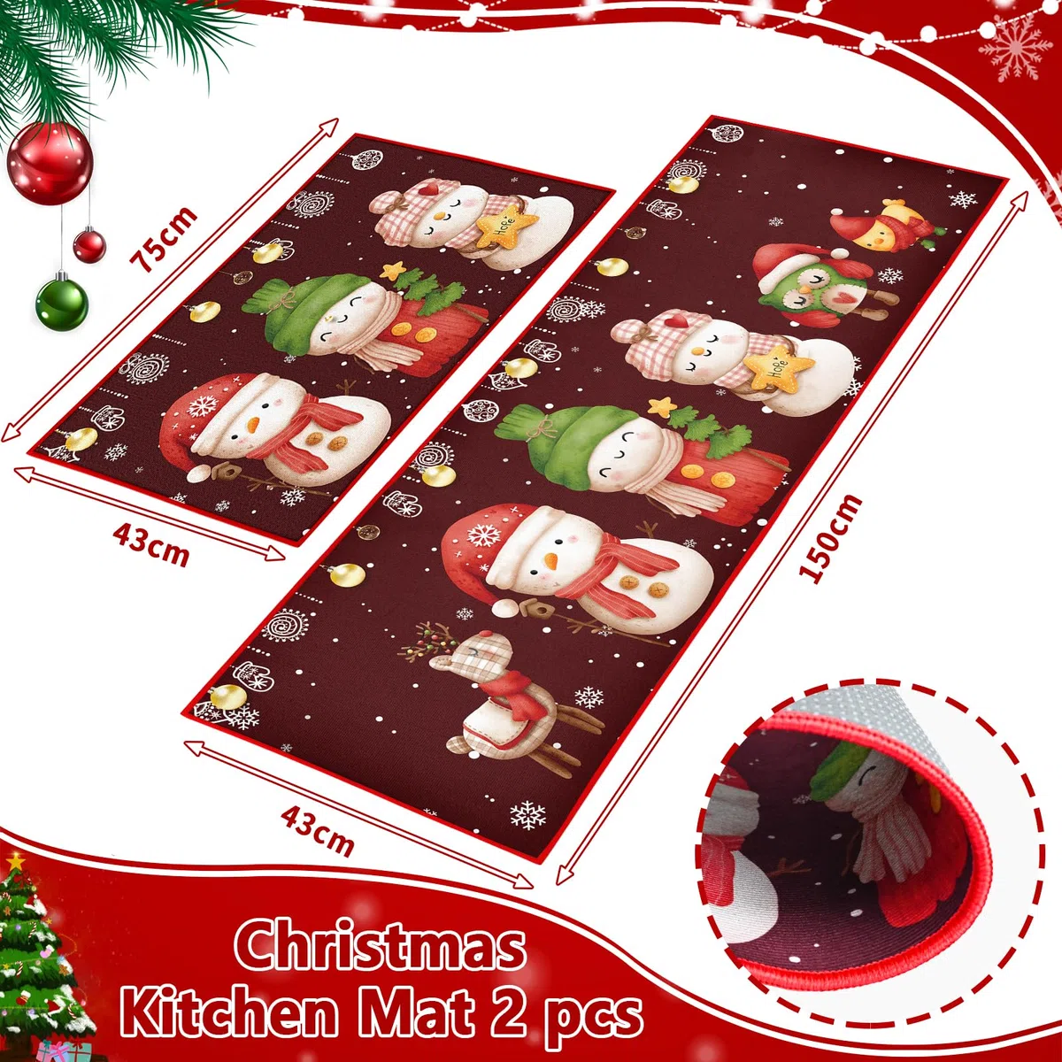 Set di 2 tappetini da cucina di Natale, tappeti natalizi lavabili antiscivolo per corridoio, soggiorno, cucina, Lavanderia (Natale Rosso G, 43x150 cm+43x75 cm)