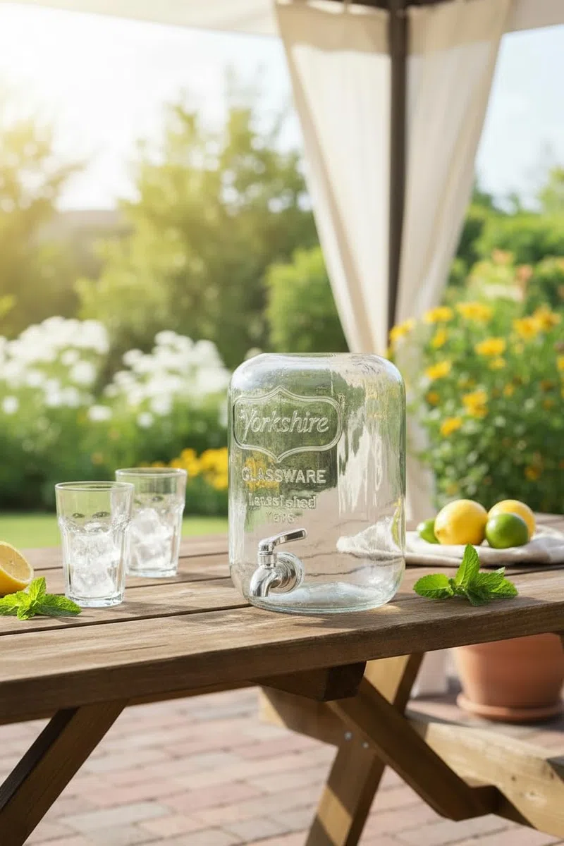 Dispenser in Vetro per Bevande 4L con Rubinetto in Plastica Cromata Lavabile in Lavastoviglie Ideale per Feste Aperitivi e Campeggio 14 x 14 x 26 Cm Trasparente (Rubinetto In Plastica)