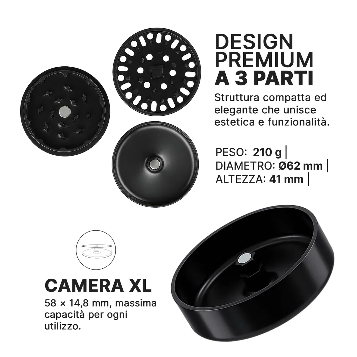 Grinder Premium CERAMIC NANO PRO 2.0 | Rivestimento Nano Ceramico Antiaderente | Sistema Quick-Connect senza filettatura con magnete N52 | Ø 62 mm Camera Profonda | Grinder per Erbe e Spezie