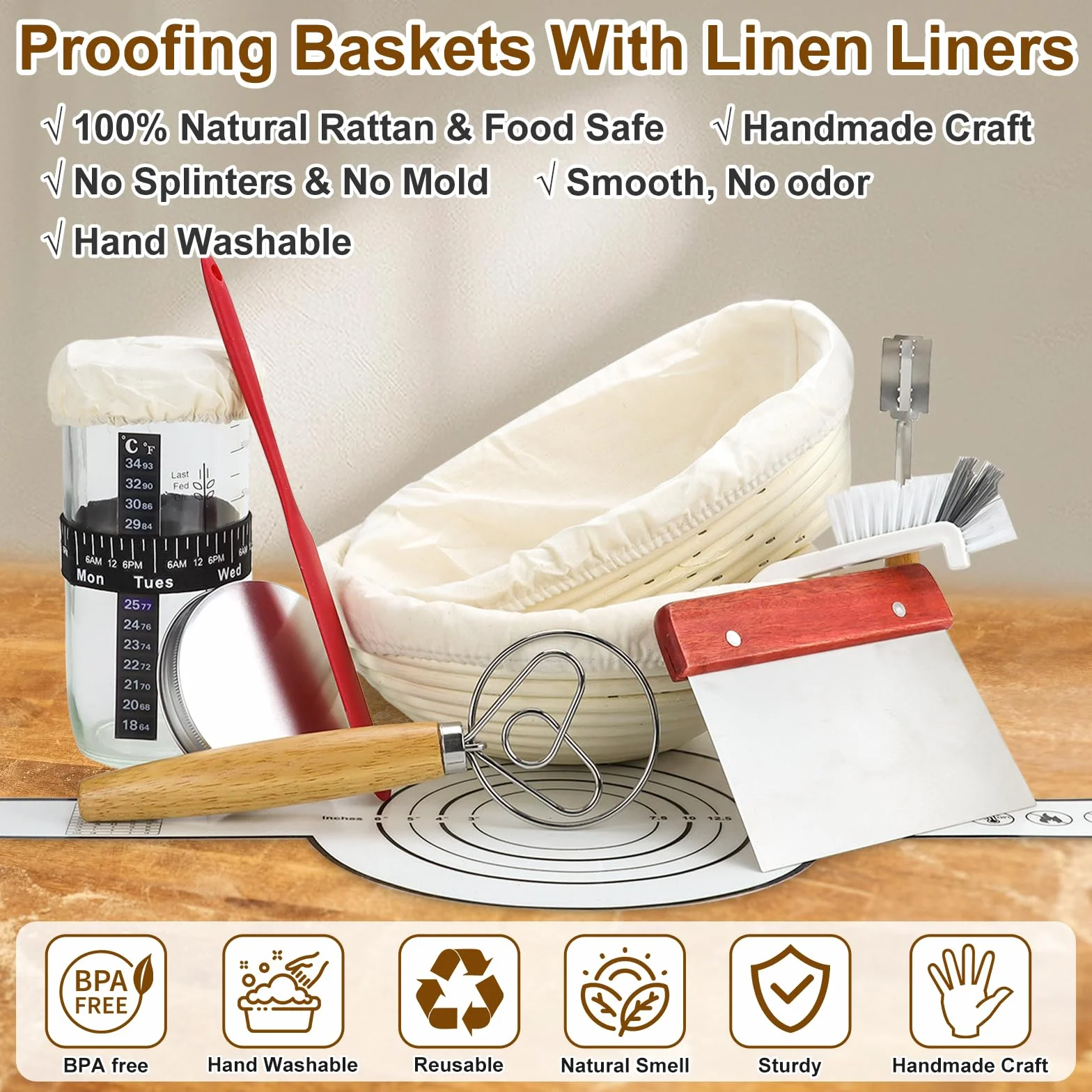Set completo per lievito naturale 12 pezzi: cestino per pane ovale da 25 cm e cestino rotondo da 23 cm, supporto per pane in silicone, barattolo per fermentazione del lievito, set di