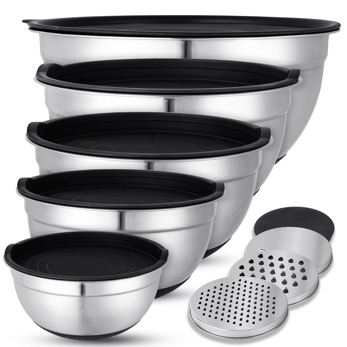KUOGAS Set di 5 Insalatiera con Coperchio,Ciotole Cucina,3 Accessori per Grattugia, Grande Ciotole Acciaio Inox Cucina, Impilabile, Paraspruzzi, Lavabile in Lavastoviglie