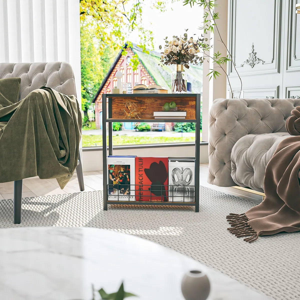 IBUYKE 3 Ripiani Tavolino Piccolo Per Piccoli Spaz,Tavolino Da Divano Con Ripiani Per Riviste,Con Ripiano Portaoggetti, Comodino Moderno Per Soggiorno Camera Balcone Cucina,Marrone TMZ001H