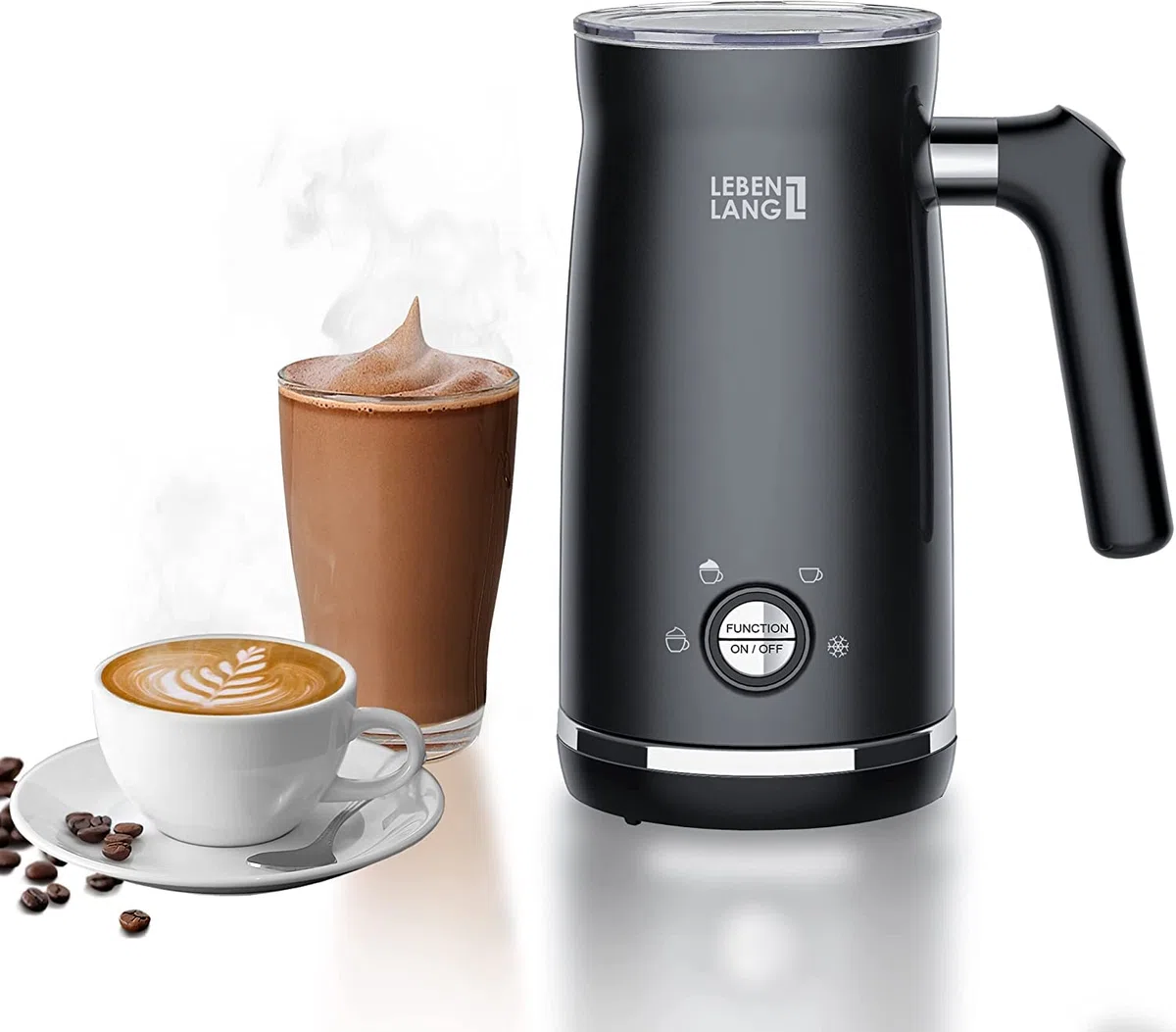 LEBENLANG Montalatte elettrico nero - Incl. frusta di ricambio + 4 modalità per un cappuccino perfetto - Montalatte elettrico - con Funzione Latte Caldo e Freddo - Montalatte elettrico cappuccino